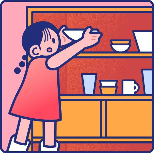 食器棚に食器をしまうイラスト