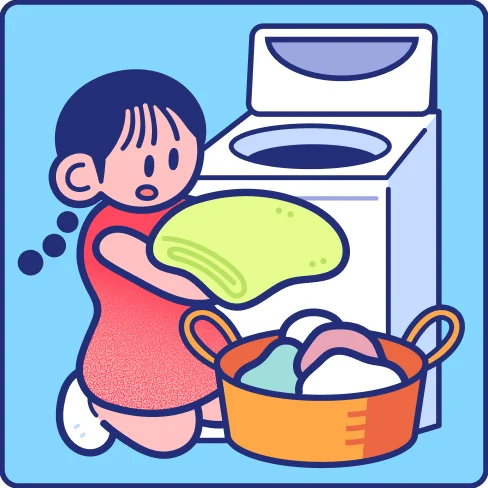 洗濯かごから洗濯機へ洗濯物を入れるイラスト